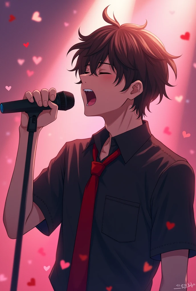 The atmosphere is like a shoujo manga.、Hold the microphone、A side view of a man singing passionately with his eyes closed、He is wearing a short-sleeved black shirt and a red tie