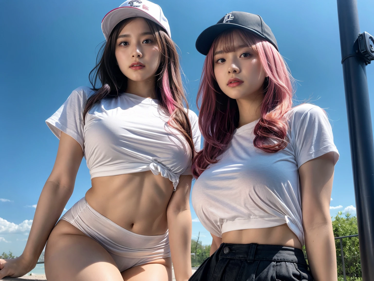 2 girls, 21yo girl,pink hair,long hair, wearing oversize white t-shirt, hot pants, wearing a baseball cap, natural big breast, show big thigh, plump body, single sidelock hairpin blush modern cinematic lighting,ray tracing,drop shadow wide shot UHD,textured skin,high details,best quality 4K, (from below:1.2), (realistic:1.1), (surreal:1.2), (very detailed:1.1)