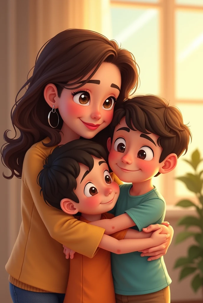 A Latina mom with brown hair and white skin and medium hair, with three sons, one older, brown-skinned, thin, Latino, one medium-sized, white-skinned with Latino features, and one smaller, brown-skinned, chubby, and Latino, all together hugging in a very beautiful cartoon photo 