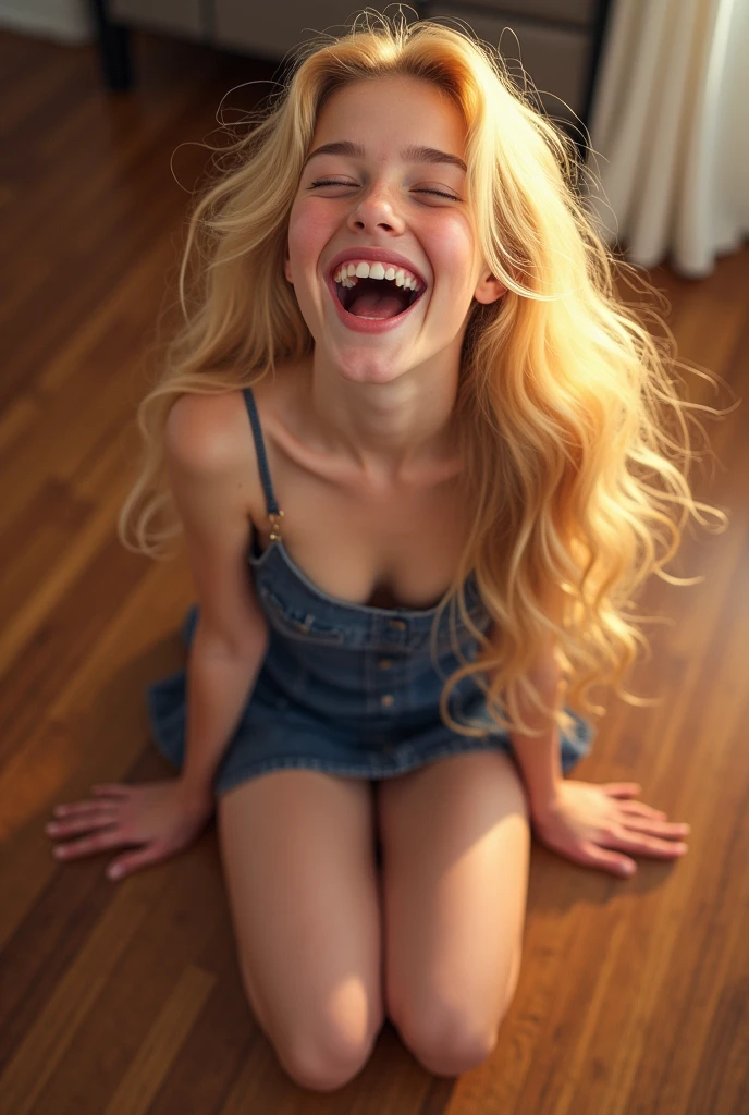 a beautiful young , (mouth very wide open and smiling), long blonde hair, eyes closed, wearing very short dress, kneeling on hardwood floor, viewed from above