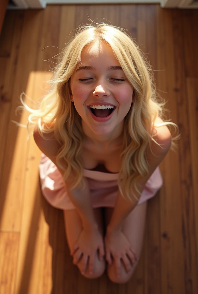 Obsessive, crazy, worshipful woman with blonde hair, kneeling, looking up at camera, wide smile, wide manic eyes, tall and slender, cute pale blue summer dress