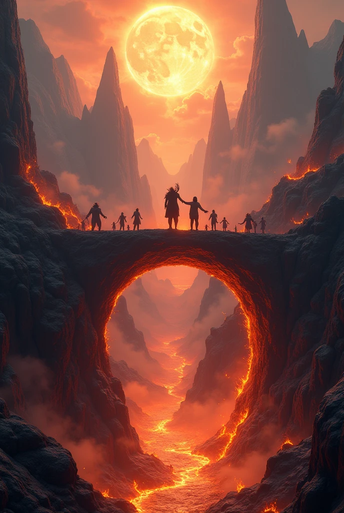 Create a 3D image, with the bridge of hellfire leading to heaven