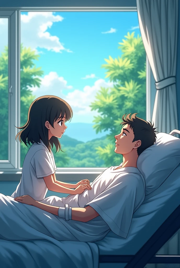 Kim sitting by Arthur's hospital bed, holding his hand while talking to him. The room is filled with soft, soothing light, with an open window showing a landscape of trees and blue sky. Kim has an expression of hope and love on his face, while Arthur, still in a coma, He seems to be resting peacefully in a style between semi-realism and anime