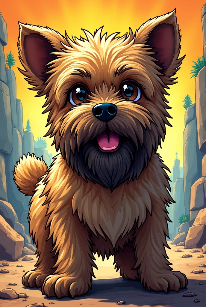 Brussels Griffon with a long beard, flat-faced, resembling an Ewok, playing PC in comic style


