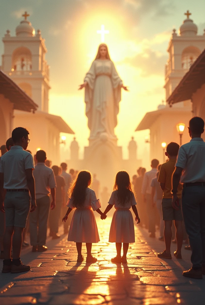 (The plaza is filled with a soft and comforting light, while the children hold hands in a gesture of unity and gratitude towards the Virgin of the Rosary.) all that in the central square in an open place