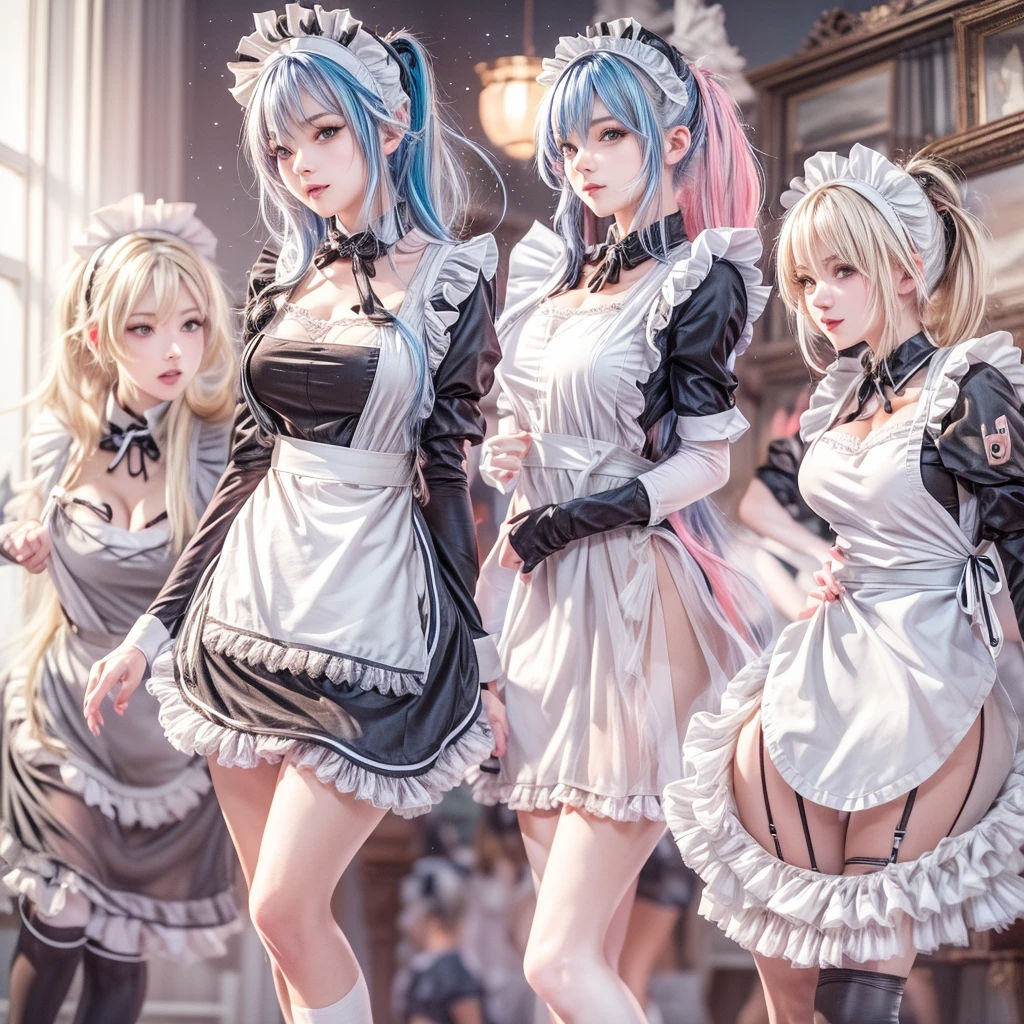 (Full Body of Extremely Detailed((Sexy Maid Group in a row:1.37))), KAWAII perfect face, Reflective Eyes, Detailed(Delicate Clothing textures), Correct Leg Line, Dynamic Joyful Expressions LifeLike Rendering, Specular Reflection, TopQuality 8K Ultra-detailed masterpiece (ProfessionalPhoto:1.37), (Acutance:0.8), (Luminism:1.28), (Renaissance art style), Colorful Light particles, ((Full body from side)), {MicroMini Skirt|Kissing|Breast Lifting|Undressing|Thigh Gap|AssFocus|(NakedApron with Overflowing SideBoob)}, Radiant Fine Skin with Transparency, (Exposed:0.4), (Different types of Anime hair color){Pink Hair|Blue Hair|Platinum Blonde|Pure White Hair|Liquid Hair}, Perfect Lighting