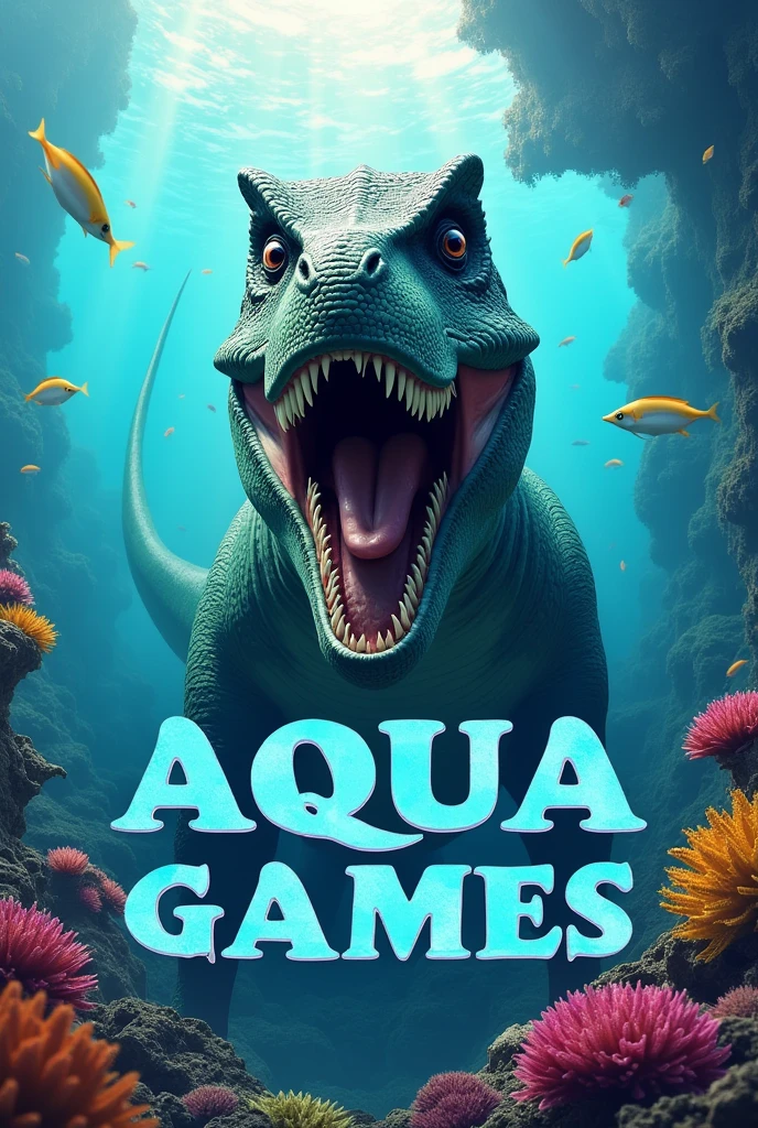 Create a dinosaur image for YouTube that says AQUA GAMES with dimensions of 2048x1152 pixels.