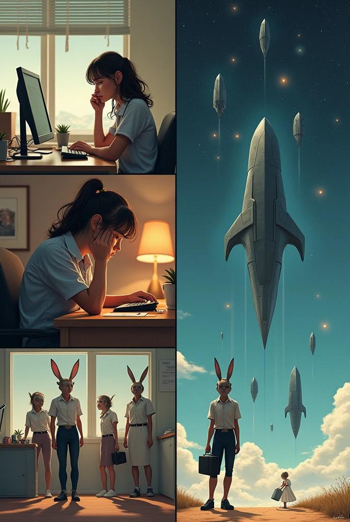 A collage of three parallel events: A young frustrated woman in front of the computer with her hand on her chin thinking about her future, and the dark circles under her eyes. A rabbit woman on the ground, with secretary clothes and glasses, being mocked by her coworkers who point their fingers at her. And alien ships with stars and technology. Construct the scenes separately