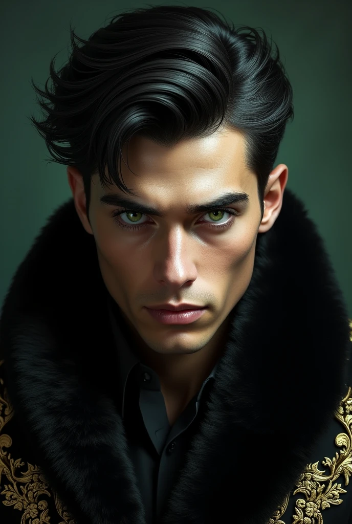 Book cover with the face of a young man with green eyes ,black hair , A mafioso wearing a black fur scarf with gold decorations on the sides. 