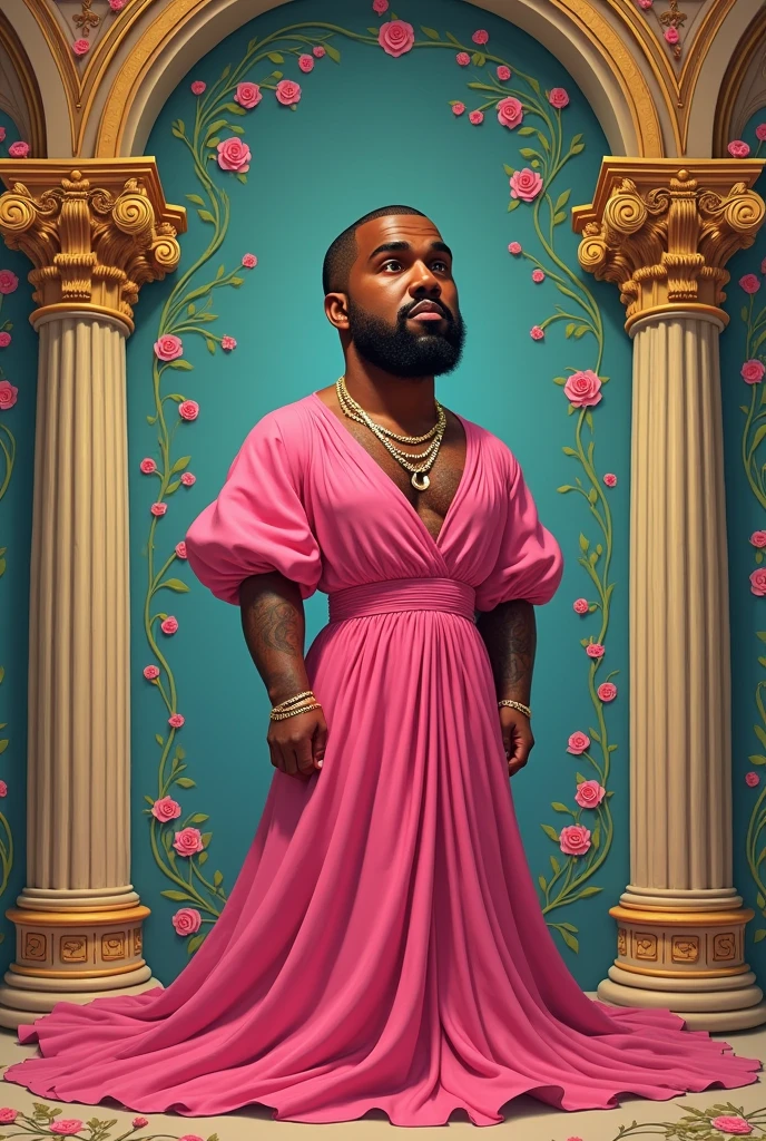 Make me a cartoonish baroque style image where you can see Kanye West in a pink dress