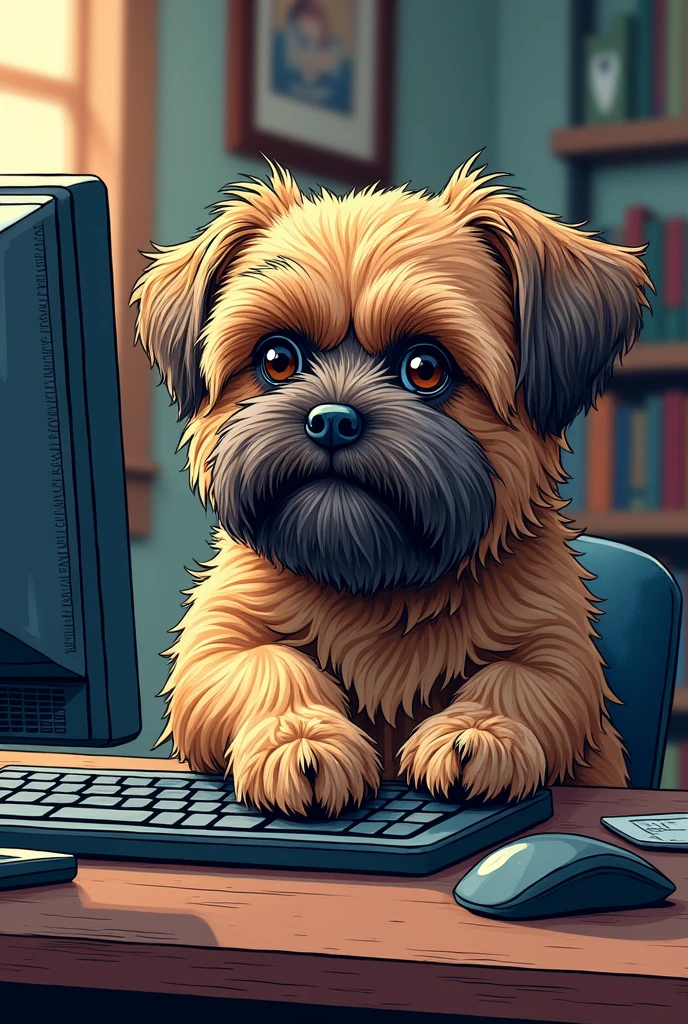 Brussels Griffon with long beard and flat face resembling an ewok playing pc comic style


