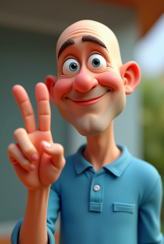 Cartoon character of a bald man in blue shirt, an animated character, stylized character, animation style rendering, 3D stylized, Arnold Maya rendering, stylized 3D rendering, toon render screenshot, 3D character, 3D character , Stylized 3D Rendering, 3D Character Rendering, Cartoon Character, Close-up Character, Character Pose, (Pixar Style) (Master Part: 1.2) (Bokeh) (Best Quality) (Detailed Skin) (Detailed Texture) (8K ) (clay) (cinematic lighting) (sharp focus, Sit and throw the upper part of the body, he is raising his fingers and ring finger indicated the sign of "peace and love" where the hand are with the fingers pointed upwards and his hand is in the foreground