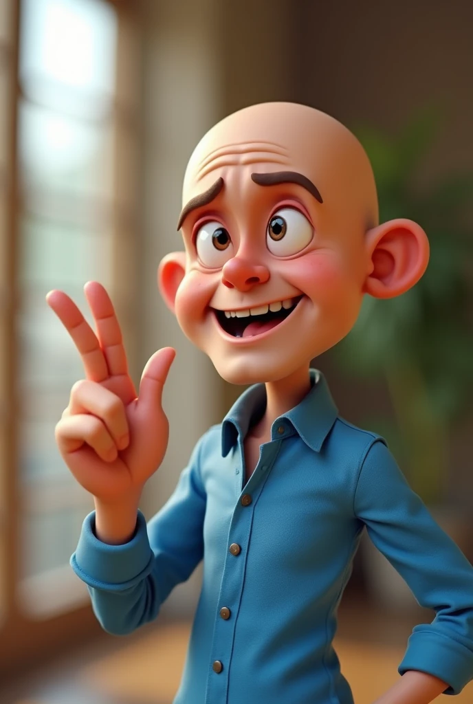 Cartoon character of a bald man in blue shirt, an animated character, stylized character, animation style rendering, 3D stylized, Arnold Maya rendering, stylized 3D rendering, toon render screenshot, 3D character, 3D character , Stylized 3D Rendering, 3D Character Rendering, Cartoon Character, Close-up Character, Character Pose, (Pixar Style) (Master Part: 1.2) (Bokeh) (Best Quality) (Detailed Skin) (Detailed Texture) (8K ) (clay) (cinematic lighting) (sharp focus, Sit and throw the upper part of the body, he is raising his fingers and ring finger indicated the sign of "peace and love" where the hand are with the fingers pointed upwards and his hand is in the foreground