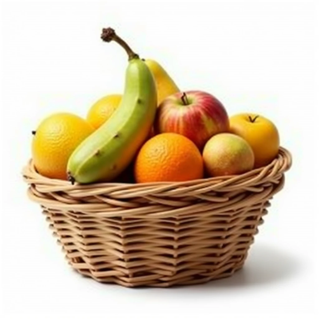 Assorted fruits in a basket, ​masterpiece,top-quality,professional photograpy,detail portrayal,8K,the background is white