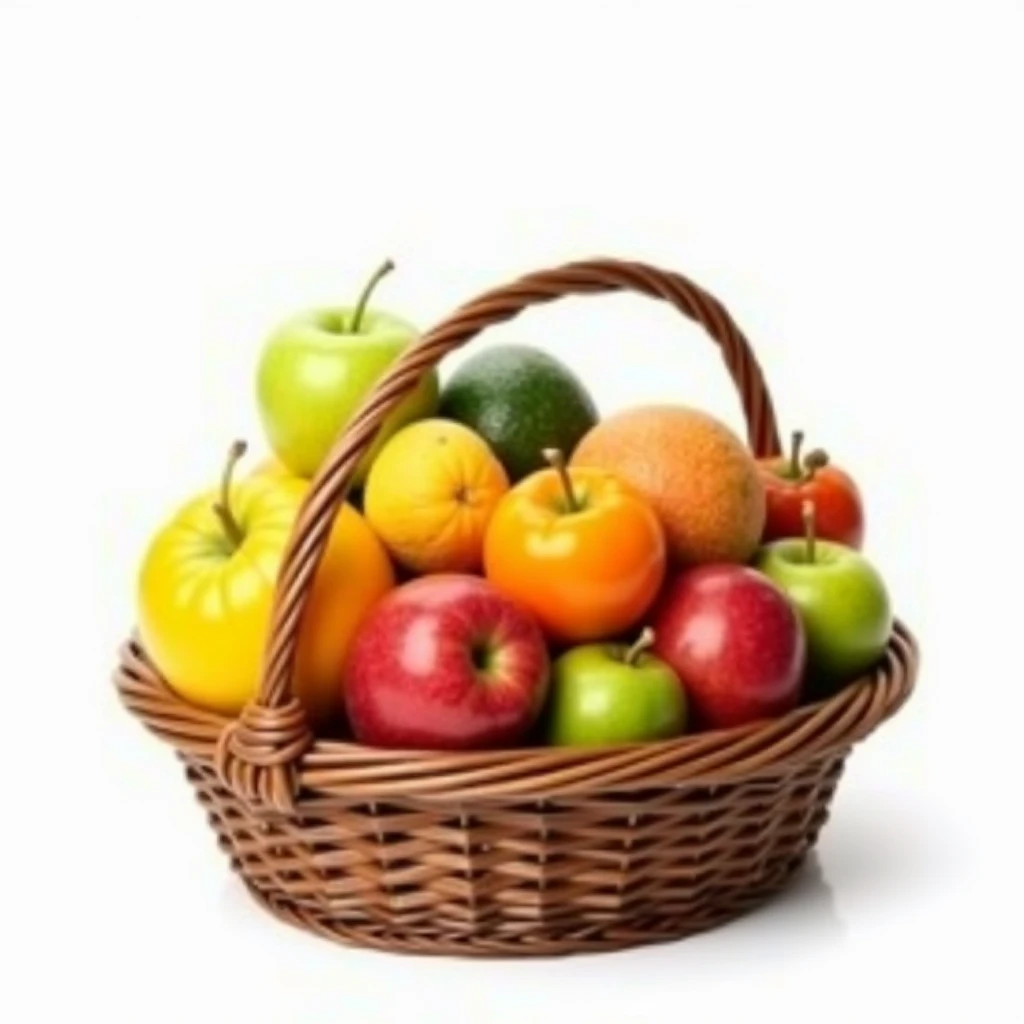 Assorted fruits in a basket, ​masterpiece,top-quality,professional photograpy,detail portrayal,8K,the background is white