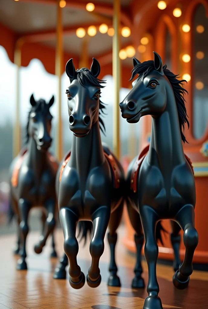 I need a three horse corsel small black realistic with hair running without background from vertical perspective, one looking to the right, one to the left, and another to the center