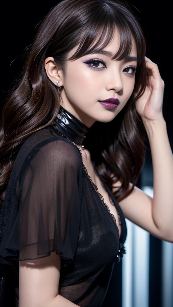 best quality、ultra-detailed、8k、Japanese、Japanese、Seductive beauty、seductive adult woman、Pretty Woman、cool girl、smirk、Wicked Smile、Villainess、brainwash makeup、Brainwashed、brainwash、Fallen into evil、Evil look、evil、Brown hair、wavy hair、swept bangs、dark makeup、piercing eyes、hollow eyes,half-closed eyes、Hollow Eyes、purple Eyeshadow、black lipstick、black lipglos、Purple Eyeshadow、black lipstick、black lip gloss、Dark Makeup、smirk、Whisper in my ear、Evil look、long black cheongsam、Wide sleeves、night、inside darkroom、Kiss、I have lipstick、Are standing、Look、Offer、shoot from below、Connected by many cords