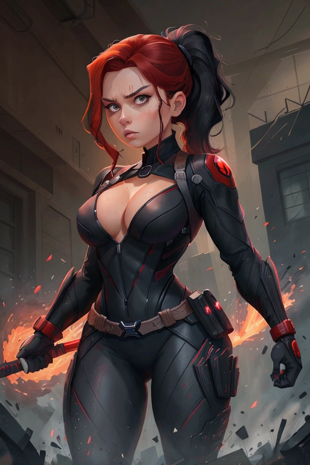 Create a dynamic 4K resolution close-up portrait of Black Widow, the fierce Marvel superheroine, capturing her strength and determination:
Visualize Black Widow with her striking features: her red hair styled in a sleek, shoulder-length bob or pulled back into a practical, tactical ponytail. Her eyes, sharp and focused, should reflect her unwavering determination and strategic mind.
Dress Black Widow in her iconic black tactical suit, featuring intricate details such as reinforced armor, utility belts, and the red hourglass symbol on her belt. The suit should appear sleek and functional, emphasizing her agility and combat prowess.
Set the scene against the backdrop of a high-tech, futuristic environment, perhaps a S.H.I.E.L.D. headquarters or a cityscape at dusk, with neon lights casting dramatic shadows. Include elements such as holographic displays or glimpses of advanced technology to enhance the modern, action-packed atmosphere.
The color palette should be dark and intense, with shades of black and deep reds, contrasted by the cool blues and silvers of the high-tech background, highlighting Black Widow's stealthy and formidable presence.
Black Widow's expression should convey a blend of determination, focus, and a hint of vulnerability, capturing her complex character. Her gaze should be piercing and resolute, embodying her role as a master spy and a skilled combatant.
This portrait aims to celebrate Black Widow as a symbol of strength, intelligence, and resilience, capturing her iconic features and the high-stakes, action-packed world she inhabits in the Marvel Universe.