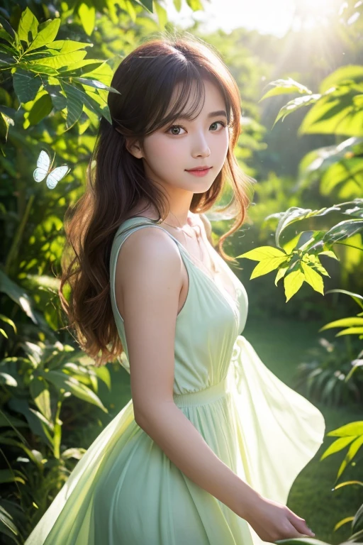 ，masterpiece, Highest quality，8k, Ultra-high resolution，Real Light and Shadow，Cinema Lenses，(Beautiful Eyes:1.1)， ((Medium shot scenes，Upper body))，Dynamic Pose，In the green grassland，A gentle goddess came with gentle steps。She was wearing a white dress，A gentle breeze blows，The skirt flutters lightly。The sun shines through the leaves into her hair，Reflecting her clear eyes and gentle smile。Colorful butterflies fluttered around her.，Flowers bloomed at her feet，It was as if nature was cheering her on.。