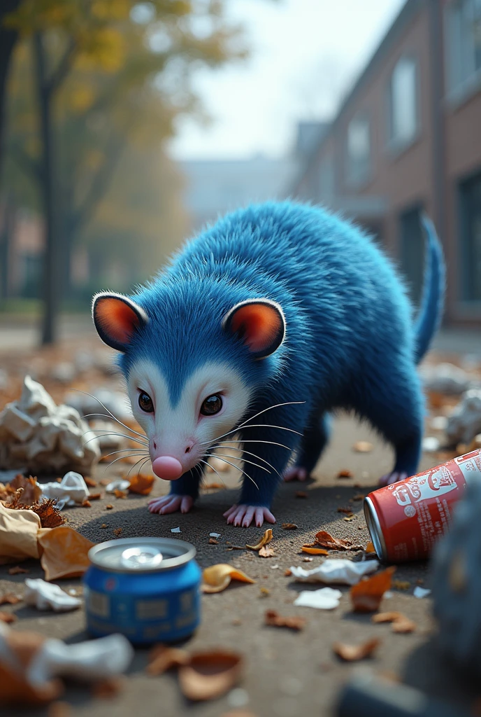 Blue opossum among garbage at a university