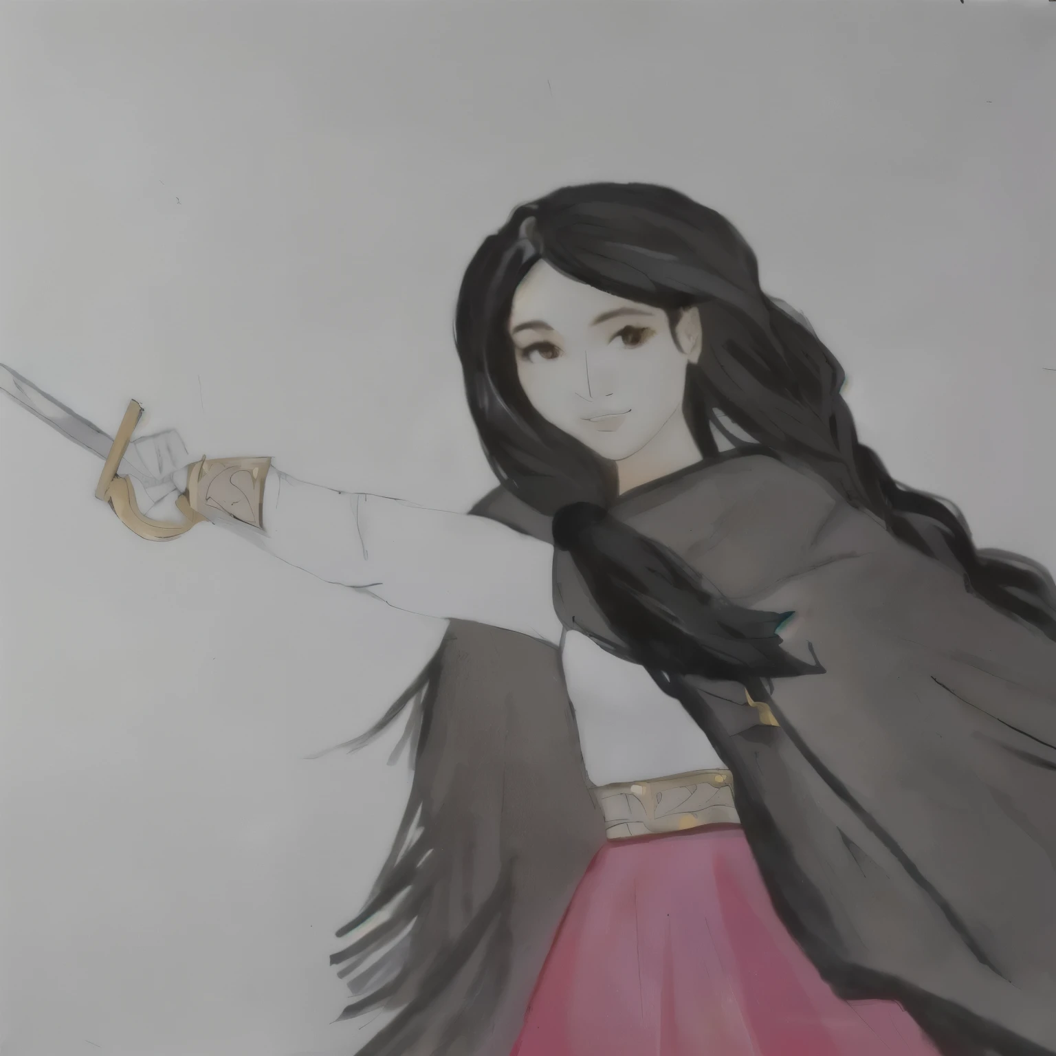 arafed drawing of a woman holding an epée in her hand, she is holding an epée, holding an epée on her shoulder, long sword in hand, while holding an epée, holding an epée, ela está holding an epée katana, practicing your sword staces, wielding a sword, holding a longsword, holds a sword, art admirer