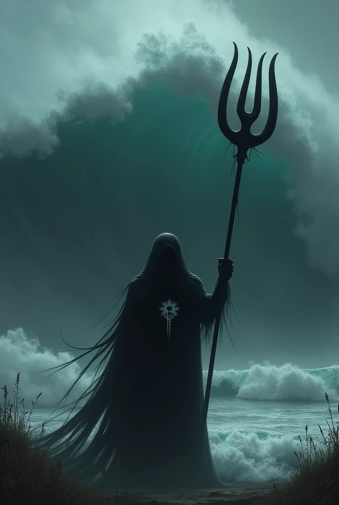 the aspect of this image will be dark, as if it were something scary, a wave in the background of a shadow in front holding a trident of exu, on the chest of this shadow should be the scratched point of exu maré