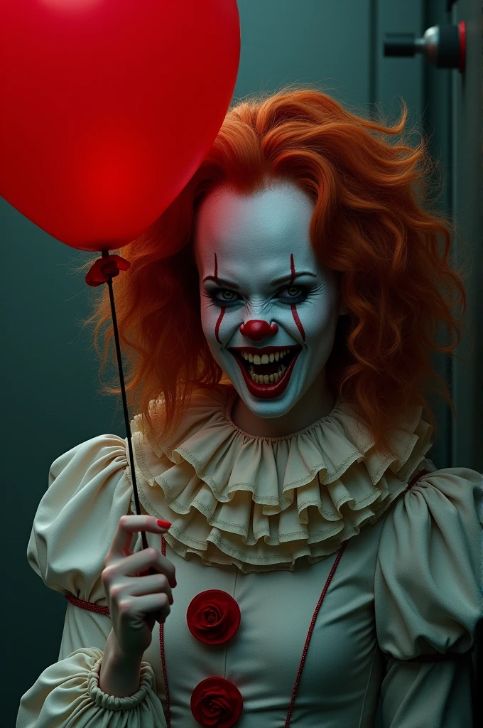 Pennywise female version with white skin, red wavy hair with a red balloon and smiling