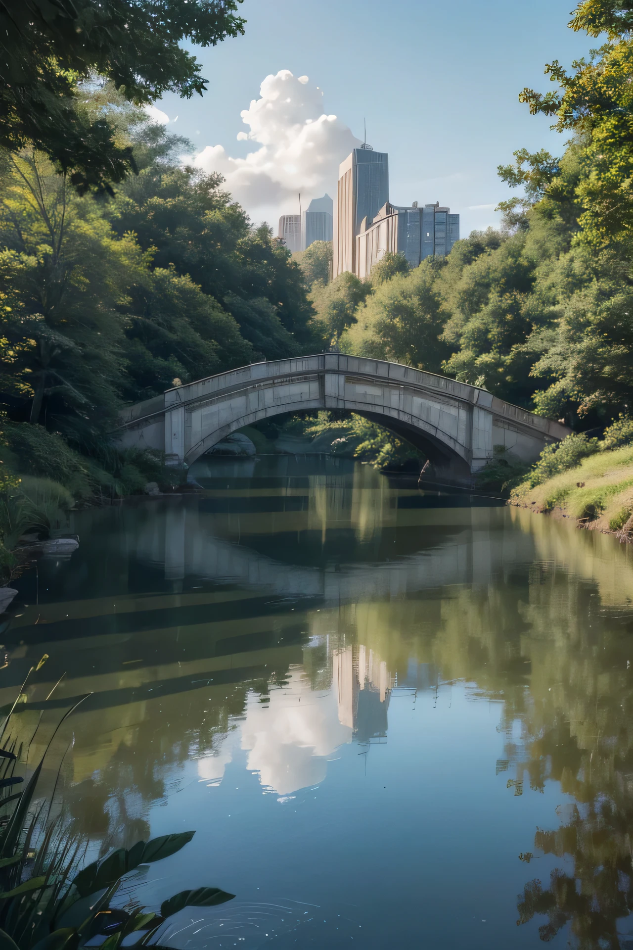 Create a high-definition image of an impressive bridge that stretches from a vibrant modern city to a serene forest. The bridge must be architecturally sophisticated, with elegant arches and refined metallic details that gleam under the soft light of the sun. The city to the left of the bridge is a metropolis with tall skyscrapers and twinkling lights, contrasting with the tranquility of the natural setting to the right.

Below the bridge, a calm, crystalline sea reflects the sunlight and the colors of the surrounding landscape, creating a mirror effect that adds depth to the scene. The forest to the right is dense and lush, with tall, green trees, some of them touching the water. The sky is clear, with scattered clouds that add a touch of serenity to the environment.

The image should convey a sense of peace and tranquility, with a palette of soft, natural colors that highlights the beauty of both city and nature, while the design of the bridge serves as an elegant connecting point between these two worlds.