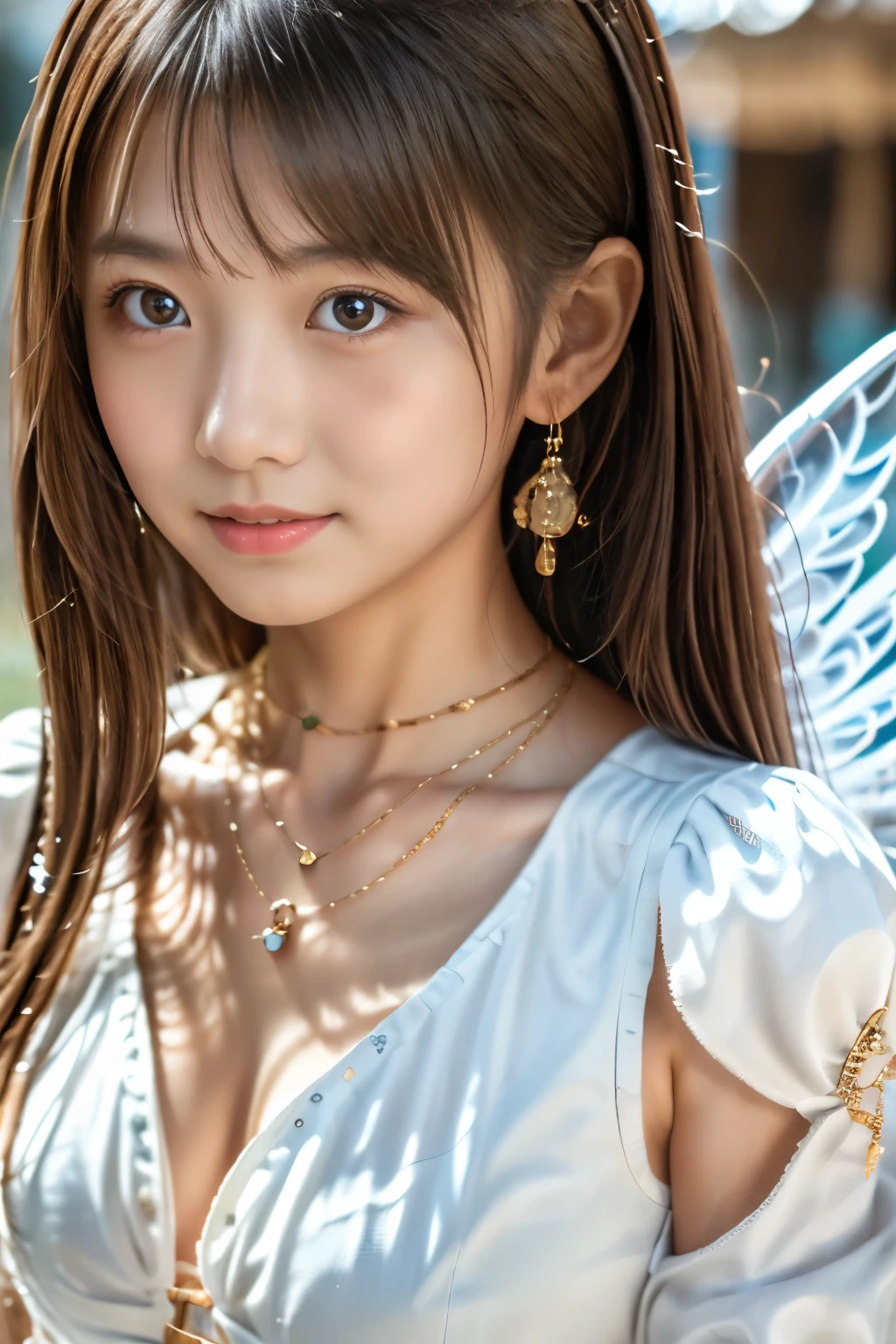 Masterpiece, 8K, Best Quality, UHD, Photorealistic, Raw Photo, (1girl), High Detailed, Detailed face, Detailed hair, Beautiful hair, bangs, (Detailed eyes), (Detailed skin), Realistic skin, (slim figure), (medium breast:0.5), (A very beautiful and cute Japanese girl with a gentle expression), BREAK 22yo,
( wearing a Frilled Shoulder Angel Sleeve Bikini ), Earrings, necklaces, bracelets, sandals,
on the beach, walking