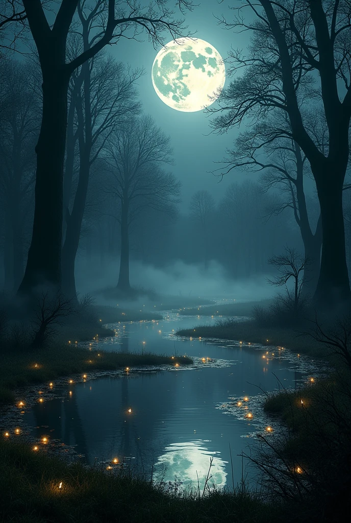 A round magical swamp in the middle of the forest is cropped all around, moonlight reflection, middle of the forest, dark, night, full moon, horror, scary, firefly, Fujifilm XT3 sharp focus, professional lighting, vivid colors , intricate detail, film grain, realistic painting art Fujifilm XT3, f5.6, landscape, (Best quality, 4k, 8k 16k, highest, masterpiece: 1.2)، (Realistic, real photography, real photo: 1.37)، (Very detailed CG unit, 16k wallpaper), using the most advanced deep learning models and adjusting parameters based on quality criteria such as structural similarity (YES) and perceptual loss to create an image unrecognizable from a real, high-quality photo, sure, (Fine tuning)، ( Be creative)، (Ultra-high quality, ultra-realistic, high-detail, high-quality image, sharp focus, professional lighting, vivid colors and intricate details.)،