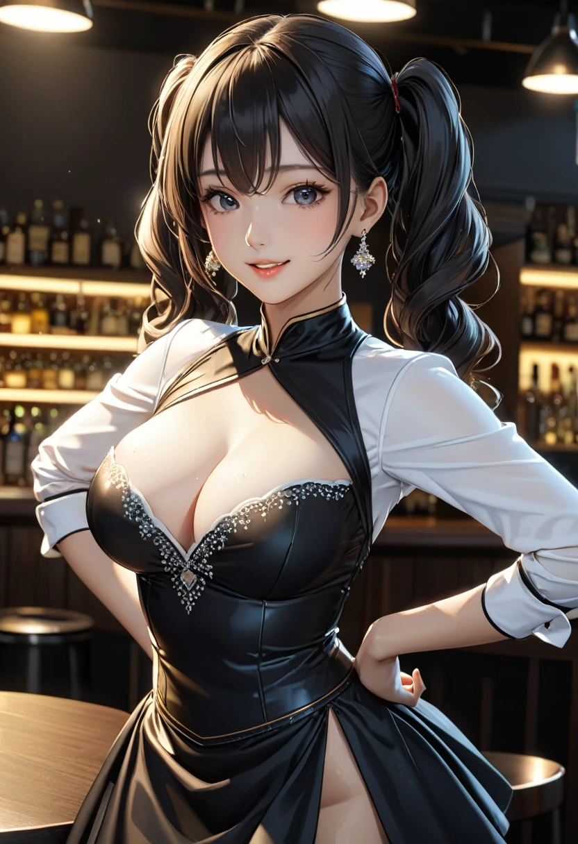 8k, Tabletop, RAW Photos, Highest quality, Realistic, 非常に精細なCG Unity 8k壁紙, Written boundary depth, Cinematic Light, Lens flare, Ray Tracing, (Very beautiful face, Beautiful Lips, Beautiful Eyes), An exquisitely crafted face, ((Highly detailed skin)) One Girl, In the Dark, Deep Shadow, Cute North American Girl, , 1 person, (Very slim and slender fit muscular body:1.3), ((Observe the audience)),(Big smile:1.3), (Blurred Background),(No people in the background:1.3), Beautiful earrings, bracelet, Clear Eyes, walk, (Pale skin), (Big eyes), look forward to, (Golden fur), (Full Body Shot), , ((bar)), , (Observe the audience:1.3) Open the chest, Very slim, Big Breasts, focus on, in front of the eyebrows, Thick thighs((Gathered skirt)),Long twin tails,Wet with sweat,((Sweat in cleavage))((Emphasize cleavage with arms)),Laughing with your mouth open