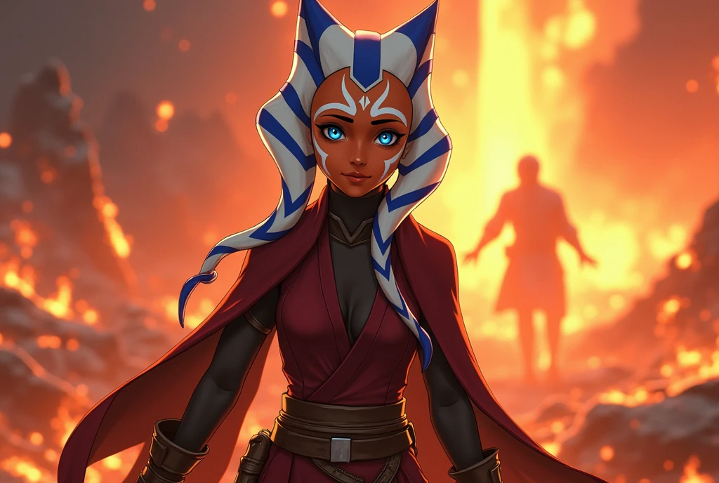 Ahsoka Tano, anime togruta girl, Star Wars, Togruta specime, in a secret organization outfit, her eyes are serene, she is coming out of a battle, beautiful eyes, blue eyes, scene apocaliptica on fire