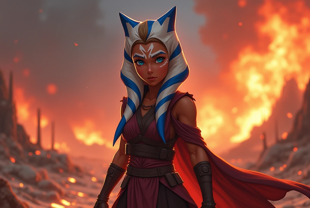 Ahsoka Tano, anime togruta girl, Star Wars, Togruta specime, in a secret organization outfit, her eyes are serene, she is coming out of a battle, beautiful eyes, blue eyes, scene apocaliptica on fire