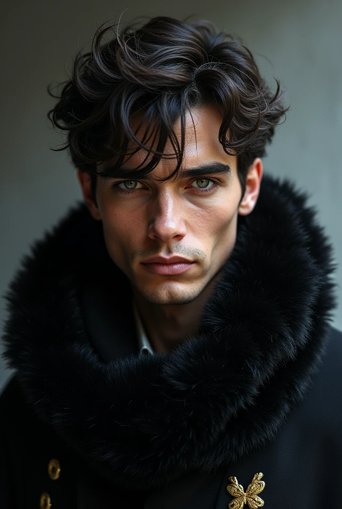Book cover with the face of a young man with gray eyes,black hair , A mafioso wearing a black fur scarf with gold decorations on the sides. 