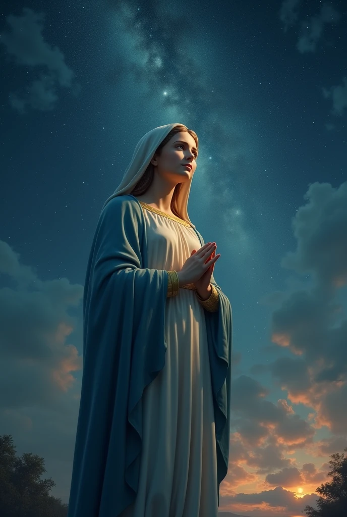 (The comic ends with the image of the statue of the Virgin of the Rosary, with a loving and protective look, as the stars begin to twinkle in the night sky, symbolizing the divine presence in every heart that invokes her.)