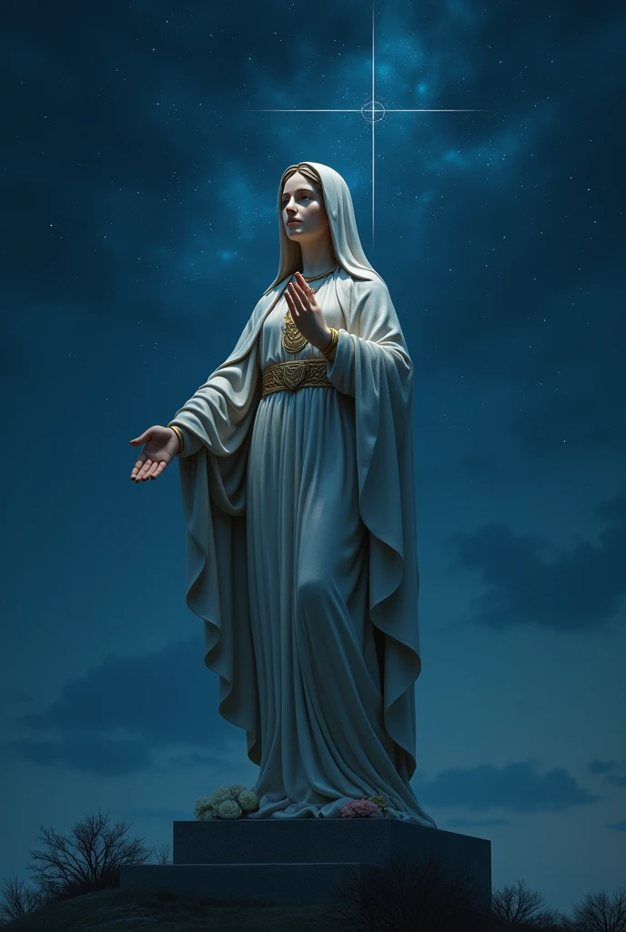(The comic ends with the image of the statue of the Virgin of the Rosary, with a loving and protective look, as the stars begin to twinkle in the night sky, symbolizing the divine presence in every heart that invokes her.)