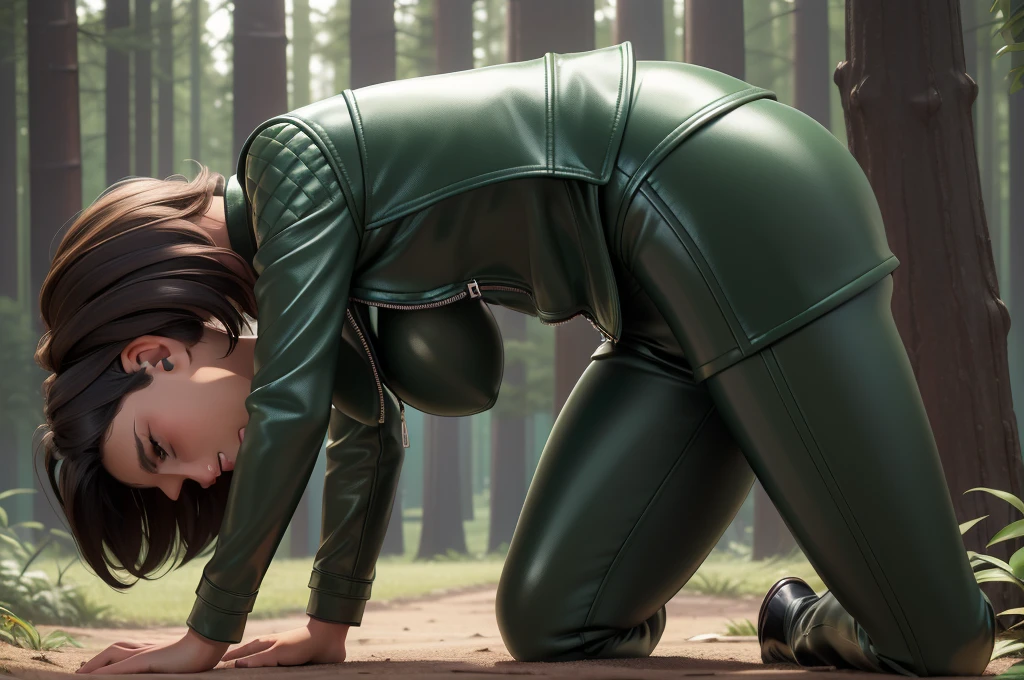 obra prima, melhor qualidade, ((only one woman,)) ((elizabeth pipko, dark tan skin,)) big erect cone tits, ((wearing metallic green leather biker moto jacket,)) ((jacket has padded shoulders, jacket has stiff high collar,)) (((wearing shiny forest green leather pants,))) body is very skinny, fondling, rubbing, ((laying on ground, arched back, closeup view, side front view,)) shallow depth of field, highres, HD, 8k, anatomically correct