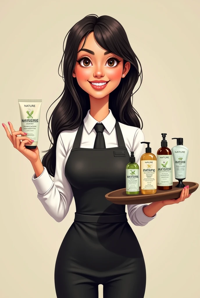 young woman, mexican, black hair below the shoulders, without fringe, small brown eyes, smile, with a white formal shirt, tie, black pants and apron, showing body creams of the brand "nature" Whole body, caricature style