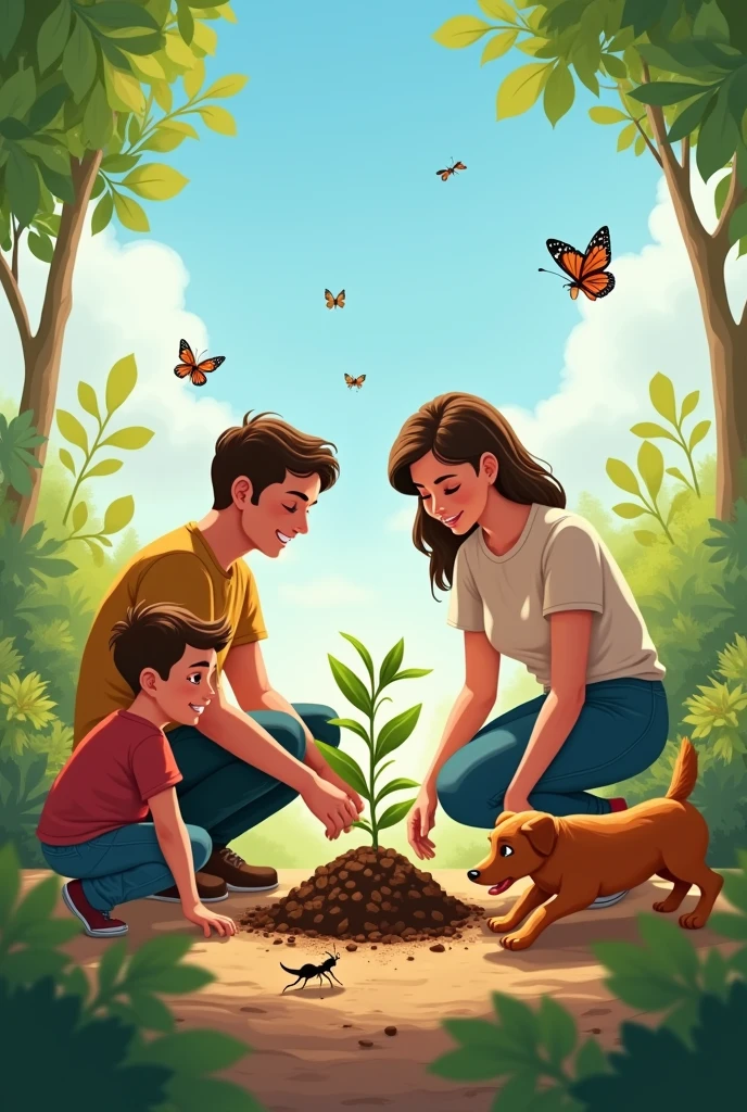 man and a woman planting, boy watching an ant and a dog playing with butterflies