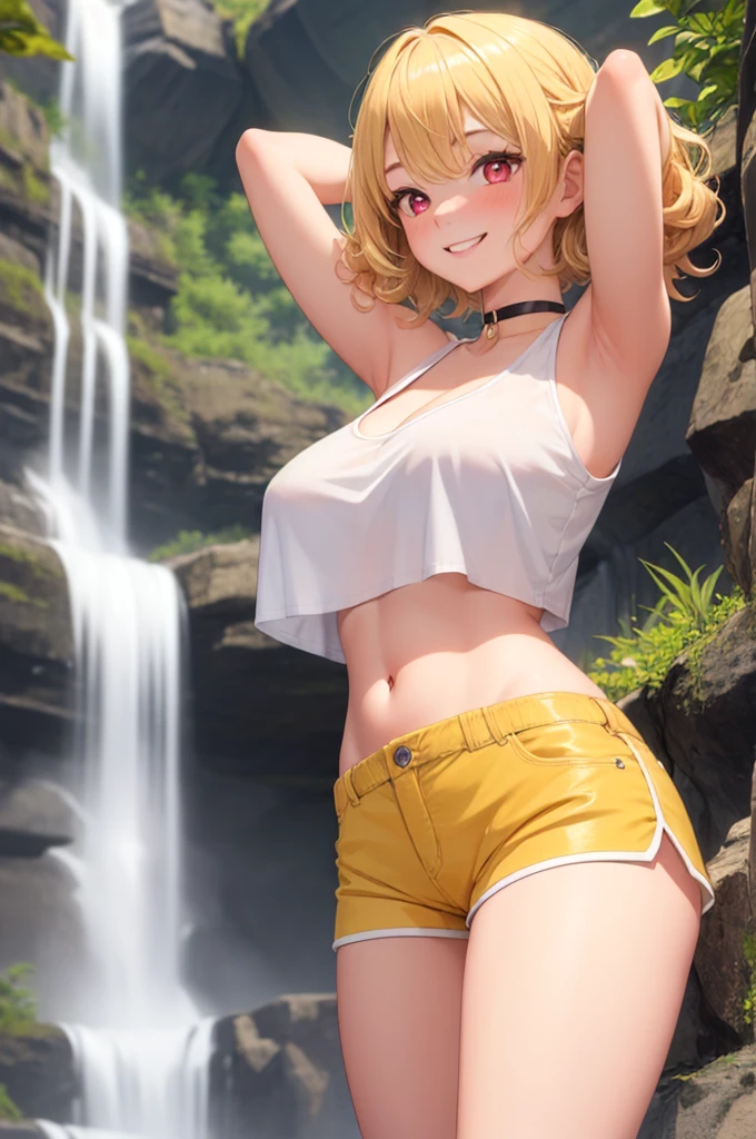 (masterpiece, best quality:1.2), 1girl, short curly blonde hair, glowing red eyes, large breasts, choker, timid, blush, yellow short shorts, purple crop top, from below, waterfall, smile, arms behind head