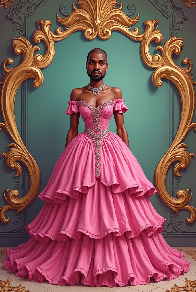 Make me a cartoonish baroque style image where you can see Kanye West in a pink dress