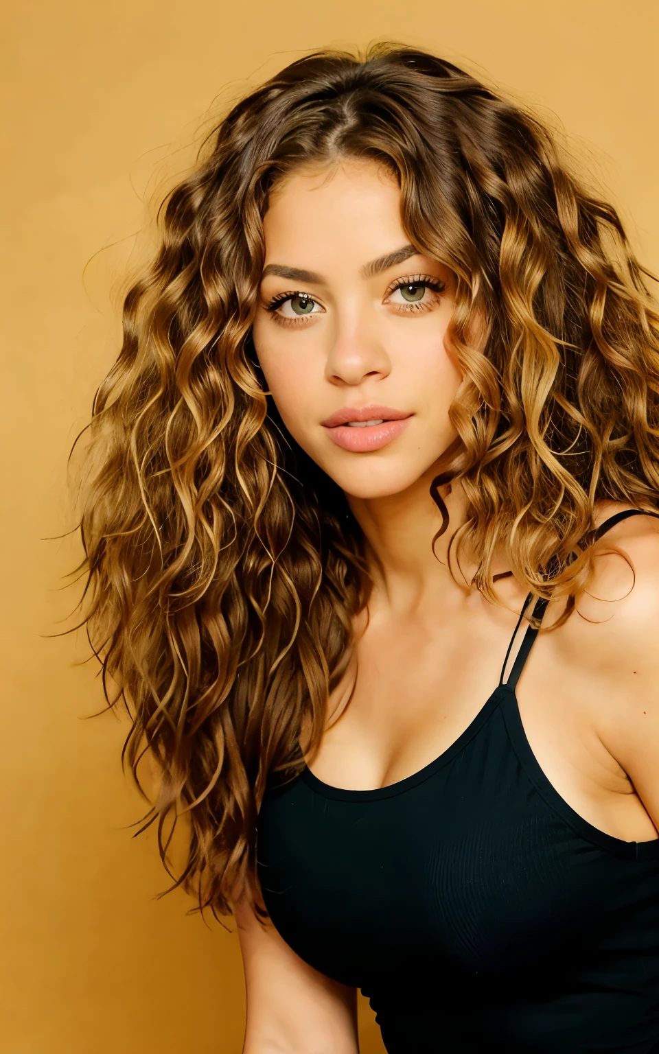 Shakira-style curly hair, longer and lighter, green eyes, a more refined nose, full lips, athletic build, and a curvy backside. 