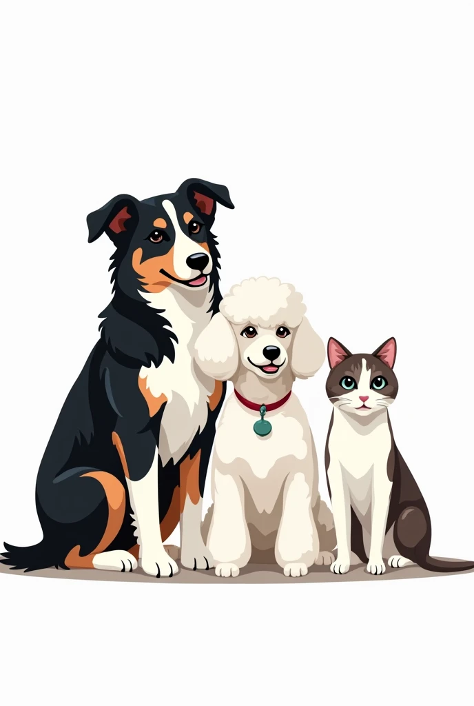 Create a logo for me featuring a black and white border collie, a white poodle, and a white cat with a light brown spot on its head. They should be positioned side-by-side, and the name "brotherspets" should be included.