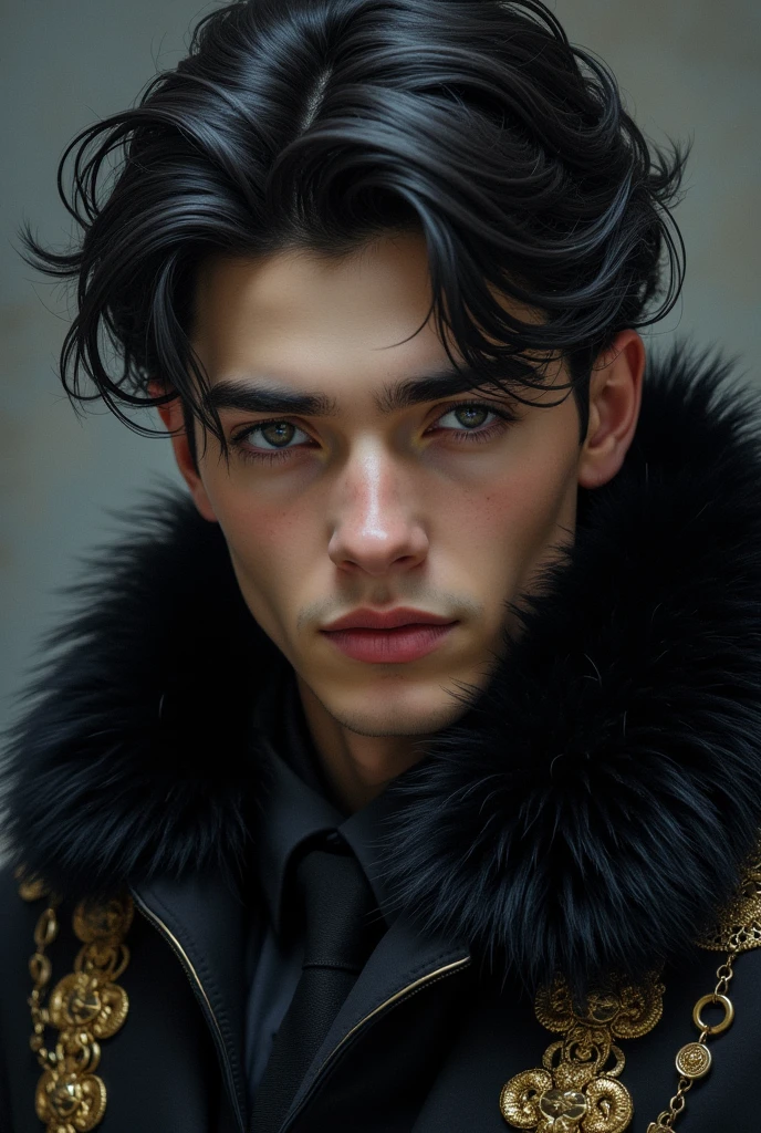 Book cover with the face of a young man with gray eyes,black hair , A mafioso wearing a black fur scarf with gold decorations on the sides.