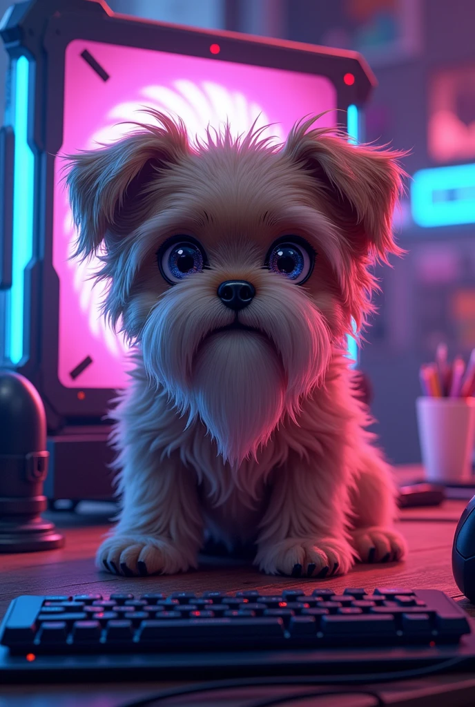 Brussels Griffon with a long beard, flat-faced and resembling an Ewok, playing anime-style PC in colors
