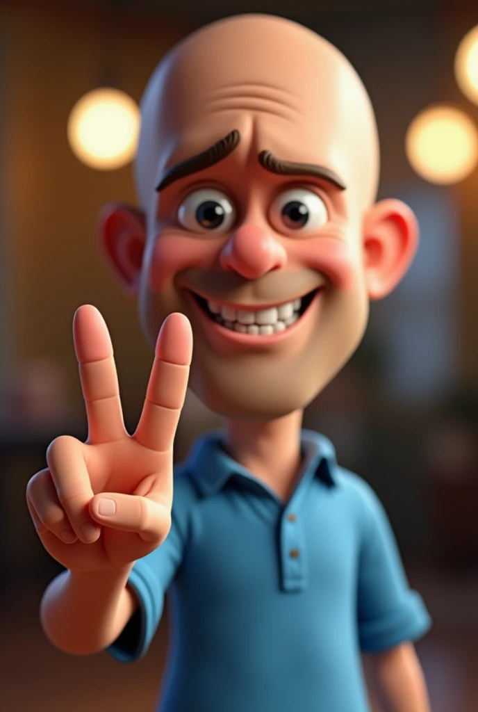 Cartoon character of a bald man in blue shirt, an animated character, stylized character, animation style rendering, 3D stylized, Arnold Maya rendering, stylized 3D rendering, toon render screenshot, 3D character, 3D character , Stylized 3D Rendering, 3D Character Rendering, Cartoon Character, Close-up Character, Character Pose, (Pixar Style) (Master Part: 1.2) (Bokeh) (Best Quality) (Detailed Skin) (Detailed Texture) (8K ) (clay) (cinematic lighting) (sharp focus, Sit and throw the upper part of the body, he is raising his fingers and ring finger indicated the sign of "peace and love" where the hand are with the fingers pointed upwards and his hand is in the foreground
