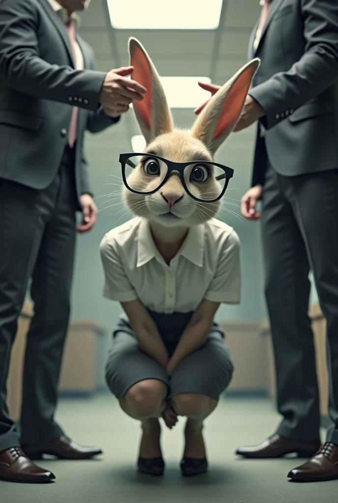 A rabbit woman on the ground, with secretary clothes and glasses, being mocked by her work colleagues who point fingers at her and laugh