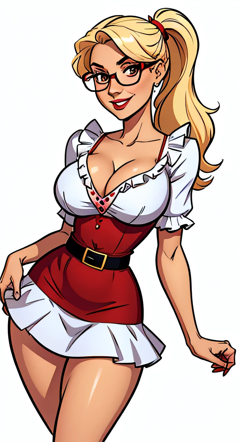 Thin woman, 4K, beautiful smiling, teacher in red v-neck dress shirt (with ruffles), red belt, long black frilled skirt, Caucasian skin, round glasses, blonde hair with round ponytail, eyes browns, busty. comic style, white background.