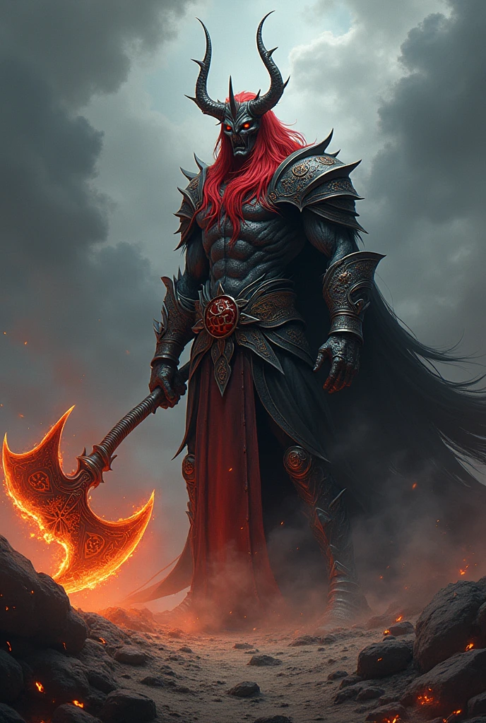 Make a demon king with a crown of thorns and long red hair with black, with a large giant fire axe