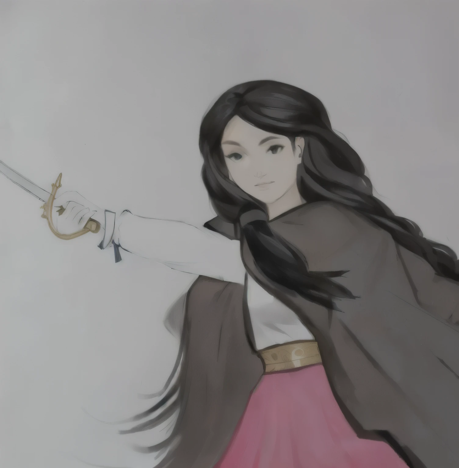 arafed drawing of a woman holding an epée in her hand, she is holding an epée, holding an epée on her shoulder,  anita garibaldi, long sword in hand, while holding an epée, holding an epée, ela está holding an epée katana, practicing your sword staces, wielding a sword, holding a longsword, holds a sword, art admirer